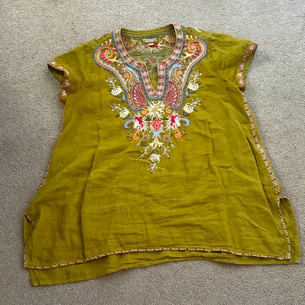 Johnny Was Mustard Tunic with Colorful Embroidery